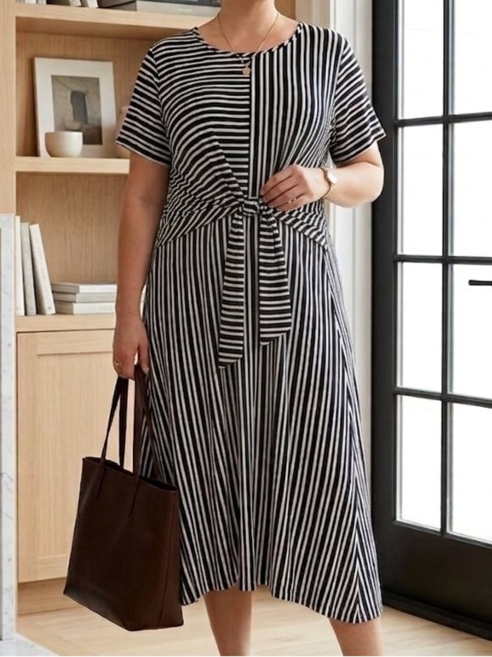 Lane Bryant Black and White Striped Tie-Front Midi Dress 14/16